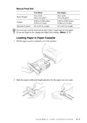 Page 32ASSEMBLY AND CONNECTIONS   2 - 7
Manual Feed Slot 
Loading Paper in Paper Cassette
1Pull the paper cassette completely out of the machine.
2Slide the paper width and length adjusters for the paper size you want.Cut Sheet Envelopes
Basis Weight:16 to 43 lb.
(60 to 161 g/m2)20 to 24 lb.
(75 to 90 g/m2)
Caliper:0.003 to 0.008 inches.
(0.08 to 0.2 mm)0.003 to 0.005 inches.
(0.084 to 0.14 mm)
Moisture Content: 4% to 6% by weight 4% to 6% by weight
Fax messages can be received on only Letter, Legal and A4 size...