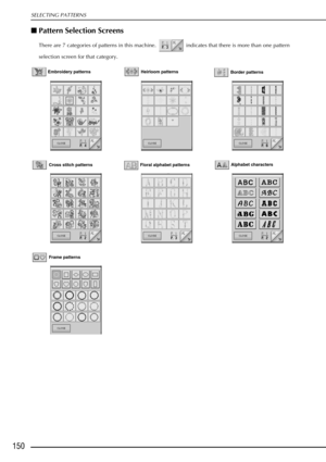 Page 162SELECTING PATTERNS
150
Pattern Selection Screens 
There are 7 categories of patterns in this machine.   indicates that there is more than one pattern 
selection screen for that category.
 Embroidery patterns
 Heirloom patterns
 Border patterns
 Cross stitch patterns  Floral alphabet patterns Alphabet characters
 Frame patterns 