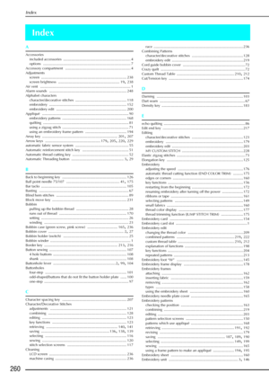 Page 272Index
260
Index
A
Accessoriesincluded accessories
 ................................................................... 4
options ....................................................................................... 7
Accessory compartment
 ................................................................. 4
Adjustments screen
 ..................................................................................... 238
screen brightness
 ............................................................. 19, 238...