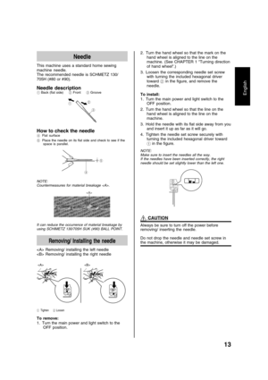 Page 1513
English
Needle
This machine uses a standard home sewing
machine needle.
The recommended needle is SCHMETZ 130/
705H (#80 or #90).
Needle description1 Back (flat side)     2 Front     3 Groove
12
3
How to check the needle4Flat surface
5Place the needle on its flat side and check to see if the
space is parallel.
45
NOTE:
Countermeasures for material breakage .
It can reduce the occurrence of material breakage by
using SCHIMETZ 130/705H SUK (#90) BALL POINT.
Removing/ Installing the needle
 Removing/...