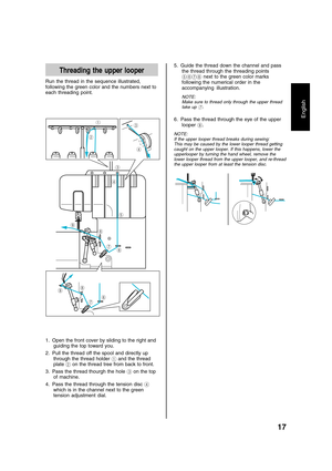 Page 1917
English
5. Guide the thread down the channel and pass
the thread through the threading points
5678 next to the green color marks
following the numerical order in the
accompanying illustration.
NOTE:
Make sure to thread only through the upper thread
take up 
7.
6. Pass the thread through the eye of the upper
looper 9.
NOTE:
If the upper looper thread breaks during sewing:
This may be caused by the lower looper thread getting
caught on the upper looper. If this happens, lower the
upperlooper by turning...