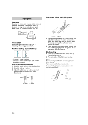 Page 3432
Piping foot
Features
By using the piping foot, you can obtain piping at
the edge of material. The piping is useful to
decorate on edge of wares (pajamas, sports
ware), cover for furniture, cushion, bag, etc.
LP
Preparation
Attach the piping foot (see CHAPTER 1
Attaching/ Removing presser foot).
Machine setting (type of stitch):
   
- 2 needle 4 thread overlock
- 1 needle 3 thread overlock (the right needle
should be removed)
How to adjust the machine
1. Set stitch length at 3mm. (standard position)
2....