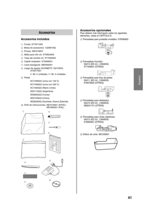 Page 43Español
41
Accesorios
Accesorios incluidos
1 Funda: X77871000
2 Bolsa de accesorios: 122991052
3 Pinzas: XB1618001
4 Malla para hilo (4): X75904000
5 Tope del carrete (4): X77260000
6 Cepillo limpiador: X75906001
7 Llave hexagonal: XB0393001
8 Juego de agujas (SCHMETZ 130/705H):
X75917001
n° 80: 2 unidades, n° 90: 2 unidades
9 Pedal:
XC7359022 (zona con 120 V)
XC7438322 (zona con 230 V)
XC7456322 (Reino Unido)
XD0112022 (Argentina)
XD0852022 (Corea)
XD0105022 (China)
XE0629002 (Australia, Nueva Zelanda)...