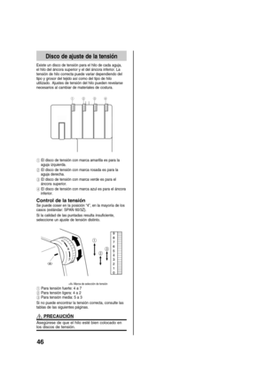 Page 4846
Disco de ajuste de la tensión
Existe un disco de tensión para el hilo de cada aguja,
el hilo del áncora superior y el del áncora inferior. La
tensión de hilo correcta puede variar dependiendo del
tipo y grosor del tejido así como del tipo de hilo
utilizado.
 Ajustes de tensión del hilo pueden revelarse
necesarios al cambiar de materiales de costura.
1234
1 El disco de tensión con marca amarilla es para la
aguja izquierda.
2 El disco de tensión con marca rosada es para la
aguja derecha.
3 El disco de...