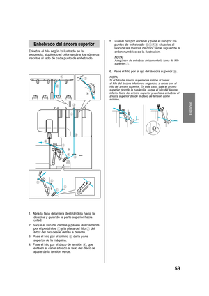 Page 55Español
53
5. Guíe el hilo por el canal y pase el hilo por los
puntos de enhebrado 5678 situados al
lado de las marcas de color verde siguiendo el
orden numérico de la ilustración.
NOTA:
Asegúrese de enhebrar únicamente la toma de hilo
superior 
7.
6. Pase el hilo por el ojo del áncora superior 9.
NOTA:
Si el hilo del áncora superior se rompe al coser:
el hilo del áncora inferior se engancha a veces con el
hilo del áncora superior. En este caso, baje el áncora
superior girando la ruedecilla, saque el...