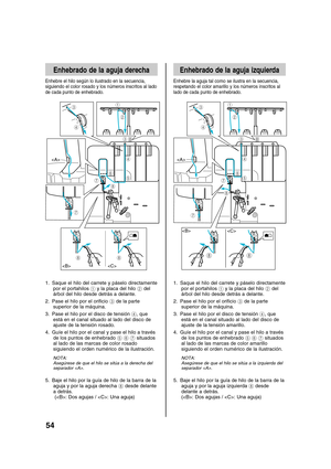 Page 5654
Enhebrado de la aguja derecha
Enhebre el hilo según lo ilustrado en la secuencia,
siguiendo el color rosado y los números inscritos al lado
de cada punto de enhebrado.
2 1
3
4
5 6
7
8 3
4

 
88
7
1. Saque el hilo del carrete y páselo directamente
por el portahilos 1 y la placa del hilo 2 del
árbol del hilo desde detrás a delante.
2. Pase el hilo por el orificio 3 de la parte
superior de la máquina.
3. Pase el hilo por el disco de tensión 4, que
está en el canal situado al lado del disco de
ajuste de...