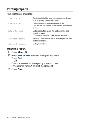 Page 136
9 - 3   PRINTING REPORTS
Printing reports
Five reports are available:
To print a report
1Press Menu, 5.
2Press   or   to select the report you want.
Press 
Set.
— OR —
Enter the number of the report you want to print. 
For example, press 
1 to print the Help List.
3Press Start.
1.Help ListPrints the Help List so you can see at-a-glance 
how to quickly program your MFC. 
2.Auto DialLists names and numbers stored in the 
One-Touch and Speed-Dial memory, in numerical 
order. 
3.Fax ActivityLists...