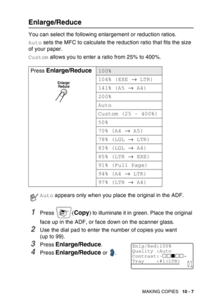 Page 143
MAKING COPIES   10 - 7
Enlarge/Reduce
You can select the following enlargement or reduction ratios.
Auto sets the MFC to calculate the reduction ratio that fits the size 
of your paper.
Custom  allows you to enter a ratio from 25% to 400%.
1Press (Copy ) to illuminate it in green. Place the original 
face up in the ADF, or face down on the scanner glass.
2Use the dial pad to enter the number of copies you want 
(up to 99).
3Press Enlarge/Reduce. 
4Press Enlarge/Reduce or  .
Press
 
Enlarge/Reduce100%...
