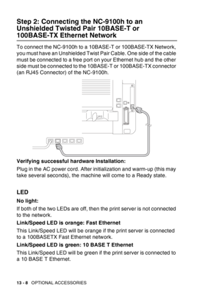 Page 206
13 - 8   OPTIONAL ACCESSORIES
Step 2: Connecting the NC-9100h to an 
Unshielded Twisted Pair 10BASE-T or 
100BASE-TX Ethernet Network
To connect the NC-9100h to a 10BASE-T or 100BASE-TX Network, 
you must have an Unshielded Twist Pair Cable. One side of the cable 
must be connected to a free port on your Ethernet hub and the other 
side must be connected to the 10BASE-T or 100BASE-TX connector 
(an RJ45 Connector) of the NC-9100h.
Verifying successful hardware Installation:
Plug in the AC power cord....