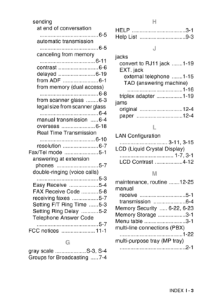 Page 225
INDEX I - 3
sending
at end of conversation ...................................... 6-5
automatic transmission  ...................................... 6-5
canceling from memory  .................................... 6-11
contrast .......................... 6-6
delayed ........................ 6-19
from ADF  ....................... 6-1
from memory (dual access) 
...................................... 6-8
from scanner glass  ........ 6-3
legal size from scanner glass  .........................................