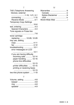 Page 227
INDEX I - 5
T
TAD (Telephone Answering 
Device), external .........................1-16, 1-21, 5-1connecting ...................... 1-15
Receive Mode  .................. 5-1
Temporary Copy Settings 
......................................... 10-6
text, entering  ....................... 4-3 Special Characters  ........... 4-4
Tone signals on Pulse line  ........................................... 7-8
toner cartridge
replacing ............12-28, 12-29
tray use, setting copy ...................................