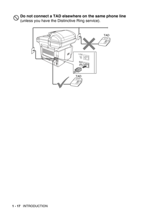 Page 38
1 - 17   INTRODUCTION
Do not connect a TAD elsewhere on the same phone line  
(unless you have the Distinctive Ring service).
TAD
TAD 