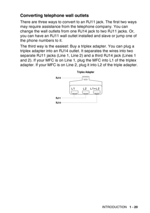 Page 41
INTRODUCTION   1 - 20
Converting telephone wall outlets
There are three ways to convert to an RJ11 jack. The first two ways 
may require assistance from the telephone company. You can 
change the wall outlets from one RJ14 jack to two RJ11 jacks. Or, 
you can have an RJ11 wall outlet installed and slave or jump one of 
the phone numbers to it.
The third way is the easiest: Buy a triplex adapter. You can plug a 
triplex adapter into an RJ14 outlet. It separates the wires into two 
separate RJ11 jacks...