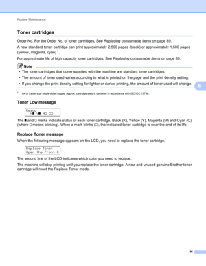 Page 102Routine Maintenance 
96
5
Toner cartridges5
Order No. For the Order No. of toner cartridges, See Replacing consumable items on page 89.
A new standard toner cartridge can print approximately 2,500 pages (black) or approximately 1,500 pages 
(yellow, magenta, cyan)
1. 
For approximate life of high capacity toner cartridges, See Replacing consumable items on page 89.
Note
• The toner cartridges that come supplied with the machine are standard toner cartridges. 
• The amount of toner used varies according...