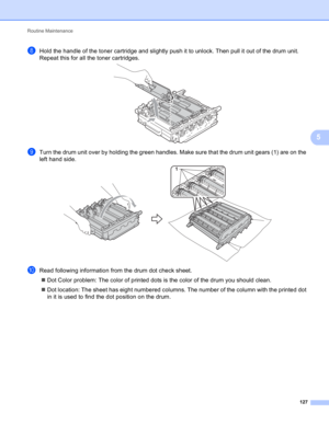 Page 133Routine Maintenance 
127
5
hHold the handle of the toner cartridge and slightly push it to unlock. Then pull it out of the drum unit. 
Repeat this for all the toner cartridges.
 
iTurn the drum unit over by holding the green handles. Make sure that the drum unit gears (1) are on the 
left hand side.
 
jRead following information from the drum dot check sheet.
Dot Color problem: The color of printed dots is the color of the drum you should clean.
Dot location: The sheet has eight numbered columns. The...