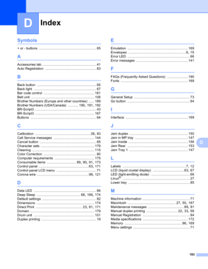 Page 199193
D
D
Symbols
+ or - buttons ............................................................. 65
A
Accessories tab ......................................................... 41
Auto Registration
 ...................................................... 83
B
Back button ............................................................... 65
Back light
 .................................................................. 67
Bar code control
 ...................................................... 181
Belt unit...
