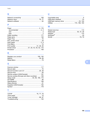 Page 200Index
194
D
N
Network connectivity ............................................... 169
Network menu
 .....................................................76, 77
Network software
 ...................................................... 62
P
Paper ..................................................................2, 176
recommended
 ......................................................2, 4
size
 .......................................................................... 2
type...