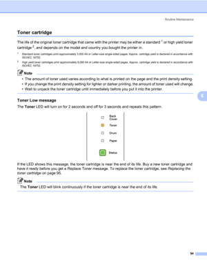 Page 104Routine Maintenance
94
6
Toner cartridge6
The life of the original toner cartridge that came with the printer may be either a standard1 or high yield toner 
cartridge
2, and depends on the model and country you bought the printer in.
1Standard toner cartridges print approximately 3,000 A4 or Letter-size single-sided pages. Approx. cartridge yield is declared in accordance with 
ISO/IEC 19752.
2High yield toner cartridges print approximately 8,000 A4 or Letter-size single-sided pages. Approx. cartridge...