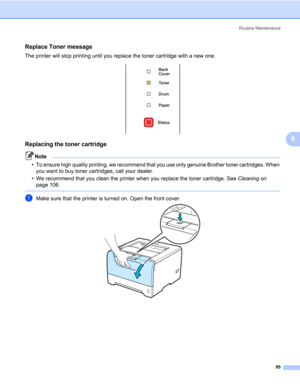 Page 105Routine Maintenance
95
6
Replace Toner message6
The printer will stop printing until you replace the toner cartridge with a new one.
Replacing the toner cartridge6
Note • To ensure high quality printing, we recommend that you use only genuine Brother toner cartridges. When 
you want to buy toner cartridges, call your dealer.
• We recommend that you clean the printer when you replace the toner cartridge. See Cleaning on 
page 106.
 
aMake sure that the printer is turned on. Open the front cover. 