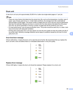 Page 111Routine Maintenance
101
6
Drum unit6
A new drum unit can print approximately 25,000 A4 or Letter size single-sided pages at 1 per/ job.
Note • There are many factors that determine the actual drum life, such as the temperature, humidity, type of 
paper, type of toner used and so on. Under ideal conditions, the average drum life is estimated at 
approximately 25,000 pages. The actual number of pages that your drum will print may be significantly 
less than this estimate. Because we have no control over...