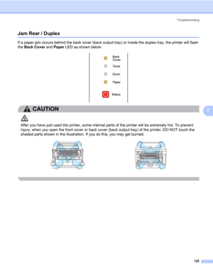 Page 135Troubleshooting
125
7
Jam Rear / Duplex 7
If a paper jam occurs behind the back cover (back output tray) or inside the duplex tray, the printer will flash 
the Back Cover and Paper LED as shown below.
CAUTION 
After you have just used the printer, some internal parts of the printer will be extremely hot. To prevent 
injury, when you open the front cover or back cover (back output tray) of the printer, DO NOT touch the 
shaded parts shown in the illustration. If you do this, you may get burned.
  