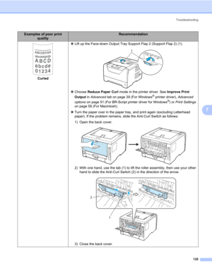 Page 145
Troubleshooting135
7
Curled „
Lift up the Face-down Output Tray Support Flap 2 (Support Flap 2) (1).
„ Choose  Reduce Paper Curl  mode in the printer driver. See  Improve Print 
Output  in Advanced tab  on page 39 (For Windows
® printer driver),  Advanced 
options  on page 51 (For BR-Script printer driver for Windows
®) or Print Settings  
on page 58 (For Macintosh).
„ Turn the paper over in the paper tray, and print again (excluding Letterhead 
paper). If the problem remains, slid e the Anti-Curl...