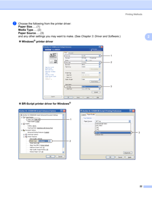 Page 32Printing Methods
22
2
gChoose the following from the printer driver:
Paper Size......(1)
Media Type......(2)
Paper Source......(3)
and any other settings you may want to make. (See Chapter 3: Driver and Software.)
„Windows
® printer driver
„BR-Script printer driver for Windows
®
1
2
3
1
2
3 