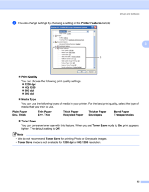 Page 62Driver and Software
52
3
cYou can change settings by choosing a setting in the Printer Features list (3):
„Print Quality
You can choose the following print quality settings.
„1200 dpi
„HQ 1200
„600 dpi
„300 dpi
„Media Type
You can use the following types of media in your printer. For the best print quality, select the type of 
media that you wish to use.
„Toner Save
You can conserve toner use with this feature. When you set Toner Save mode to On, print appears 
lighter. The default setting is Off. 
Note...