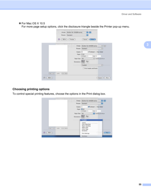 Page 65Driver and Software
55
3
„For Mac OS X 10.5
For more page setup options, click the disclosure triangle beside the Printer pop-up menu.
Choosing printing options 3
To control special printing features, choose the options in the Print dialog box. 