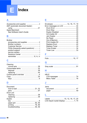 Page 112Index
98
E
A
Accessories and supplies .......................... ii
ADF (automatic document feeder)
using
 .....................................................21
Apple Macintosh
 
See Software Users Guide
B
Brother
accessories and supplies
 ........................ ii
Brother numbers
 ...................................... i
Customer Service
 .................................... i
FAQs (frequently asked questions)
 .......... i
product support
 ........................................ i
service centers...