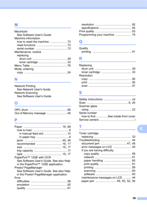 Page 11399
E
M
Macintosh 
See Software Users Guide
Machine information
how to reset the machine
 ...................... 73
reset functions
 ...................................... 73
serial number
 ........................................ 73
Maintenance, routine
replacing
drum unit
 ............................................ 39
toner cartridge
 .................................... 33
Menu Table
 .............................................. 76
Mode, entering
copy...