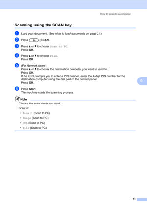 Page 45How to scan to a computer31
6
Scanning using the SCAN key6
aLoad your document. (See How to load documents on page 21.)
bPress  (SCAN).
cPress a or  b to choose  Scan to PC .
Press  OK.
dPress  a or  b to choose  File.
Press  OK.
e(For Network users)
Press  a or  b to choose the destination computer you want to send to.
Press  OK.
If the LCD prompts you to enter a PIN number, enter the 4-digit PIN number for the 
destination computer using the  dial pad on the control panel.
Press  OK.
fPress  Start.
The...