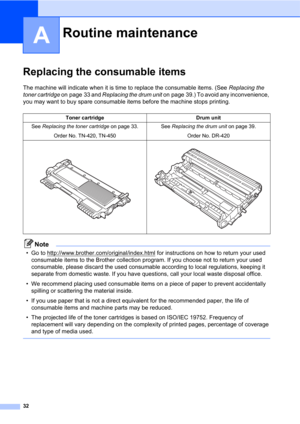 Page 4632
A
Replacing the consumable itemsA
The machine will indicate when it is time to replace the consumable items. (See Replacing the 
toner cartridge on page 33 and Replacing the drum unit on page 39.) To avoid any inconvenience, 
you may want to buy spare consumable items before the machine stops printing.
Note
• Go to http://www.brother.com/original/index.html for instructions on how to return your used 
consumable items to the Brother collection program. If you choose not to return your used...