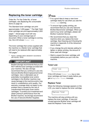 Page 47Routine maintenance
33
A
Replacing the toner cartridgeA
Order No. For the Order No. of toner 
cartridges, see Replacing the consumable 
items on page 32.
The Standard toner cartridge can print 
approximately 1,200 pages
1. The High Yield 
toner cartridge can print approximately 2,600 
pages
1. Actual page count will vary 
depending on your average type of 
document. When a toner cartridge is running 
low, the LCD shows Toner Low.
The toner cartridge that comes supplied with 
the machine is a Starter...