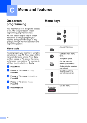 Page 8874
C
On-screen 
programming
C
Your machine has been designed to be easy 
to use. The LCD provides on-screen 
programming using the menu keys.
We have created step by step on-screen 
instructions to help you program your 
machine. Simply follow the steps as they 
guide you through the menu selections and 
programming options.
Menu tableC
You can program your machine by using the 
Menu table on page 76. These pages list the 
menu selections and options. Press Menu 
and then press a or b to access the menus...