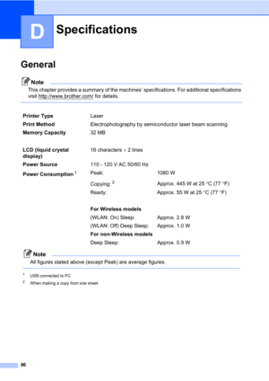 Page 10086
D
GeneralD
Note
This chapter provides a summary of the machines’ specifications. For additional specifications 
visit http://www.brother.com/
 for details.
 
SpecificationsD
Printer TypeLaser
Print MethodElectrophotography by semiconductor laser beam scanning
Memory Capacity32 MB
LCD (liquid crystal 
display)16 characters  2 lines
Power Source110 - 120 V AC 50/60 Hz
Power Consumption
1Peak: 1080 W
Copying:
2Approx. 445 W at 25C (77F)
Ready: Approx. 55 W at 25C (77F)
For Wireless models
(WLAN: On)...