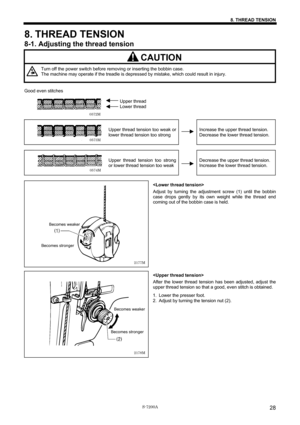 Page 34 
 
S-7200A 
8. THREAD TENSION 
28
8. THREAD TENSION 
8-1. Adjusting the thread tension 
     CAUTION 
 
Turn off the power switch before removing or inserting the bobbin case.   
The machine may operate if the treadle is depressed by mistake, which could result in injury. 
 
Good even stitches 
 
       Upper thread     
       Lower thread     
 
    
 
Upper thread tension too weak or 
lower thread tension too strong  
Increase the upper thread tension. 
Decrease the lower thread tension....