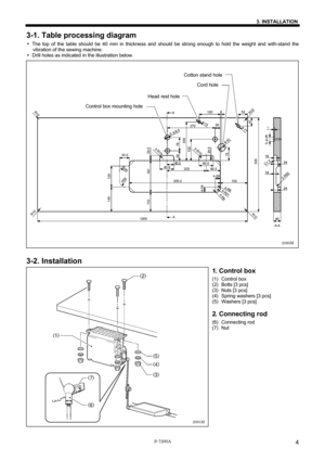 Page 10 
 
S-7200A 
3. INSTALLATION
4
3-1. Table processing diagram 
y The top of the table should be 40 mm in thickness and should be strong enough to hold the weight and with-stand the 
vibration of the sewing machine. 
y Drill holes as indicated in the illustration below. 
 
 
 
 
 
 
 
 
 
 
 
 
 
 
 
 
 
 
 
 
 
 
 
 
 
 
 
 
 
 
 
 
 
 
 
3-2. Installation 
1. Control box 
(1) Control box 
(2)  Bolts [3 pcs] 
(3)  Nuts [3 pcs] 
(4)  Spring washers [3 pcs] 
(5) Washers [3 pcs] 
 
2. Connecting rod 
(6)...
