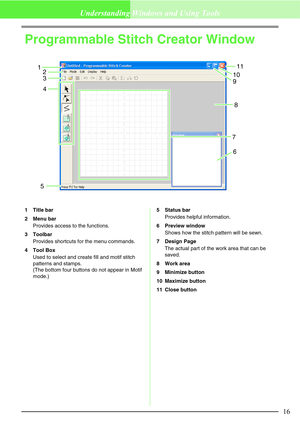 Page 2216
Understanding Windows and Using Tools
Programmable Stitch Creator Window
1 Title bar
2 Menu bar
Provides access to the functions.
3 Toolbar
Provides shortcuts for the menu commands.
4 Tool Box
Used to select and create fill and motif stitch 
patterns and stamps.
(The bottom four buttons do not appear in Motif 
mode.)5 Status bar
Provides helpful information.
6 Preview window
Shows how the stitch pattern will be sewn.
7 Design Page 
The actual part of the work area that can be 
saved.
8 Work area
9...