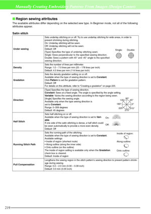 Page 225219
Manually Creating Embroidery Patterns From Images (Design Center)
Region sewing attributes
The available attributes differ depending on the selected sew type. In Beginner mode, not all of the following 
attributes appear.
Satin stitch
Under sewingSets underlay stitching on or off. Try to use underlay stitching for wide areas, in order to 
prevent shrinking during stitching.
On: Underlay stitching will be sewn.
Off: Underlay stitching will not be sewn.
Default: Off
[Type] Specifies the type of...