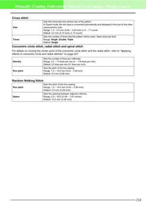 Page 230224
Manually Creating Embroidery Patterns From Images (Design Center)
Cross stitch
Concentric circle stitch, radial stitch and spiral stitch
For details on moving the center point of the concentric circle stitch and the radial stitch, refer to “Applying 
effects to concentric circle and radial stitches” on page 227.
Random Walking Stitch
SizeSets the horizontal and vertical size of the pattern.
In Expert mode, the set value is converted automatically and displayed in the box for the other 
measurement...