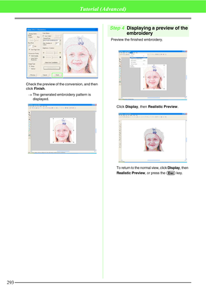 Page 299293
Tutorial (Advanced)
Check the preview of the conversion, and then 
click Finish.
→The generated embroidery pattern is 
displayed.
Step 4Displaying a preview of the 
embroidery
Preview the finished embroidery.
Click Display, then Realistic Preview.
To return to the normal view, click Display, then 
Realistic Preview, or press the   key.Esc 