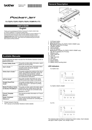 Page 1You can download the latest manuals from the Brother Solutions Center at 
support.brother.com.
1Printed manual in the box2PDF manual on the Brother Solutions Center website1  (Power) button
2  (Feed) button
3  (Bluetooth) button (PJ-762/PJ-763/PJ-763MFi only) 
 (Wi-Fi) button (PJ-773 only)
4 POWER indicator
5 DATA indicator
6STATUS indicator
7
 (Bluetooth) indicator (PJ-762/PJ-763/PJ-763MFi only) 
 (Wi-Fi) indicator (PJ-773 only)
8 Release cover
9 Paper outlet slot
10 Tear bar
11 Paper input slot
12 USB...