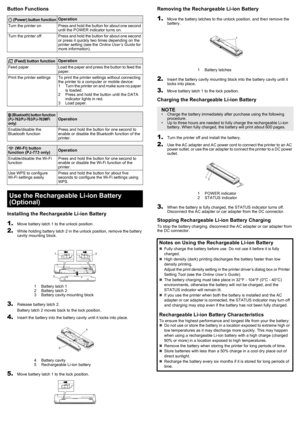 Page 2Button Functions
Installing the Rechargeable Li-ion Battery
1.Move battery latch 1 to the unlock position. 
2.While holding battery latch 2 in the unlock position, remove the battery 
cavity mounting block.
3.Release battery latch 2.
Battery latch 2 moves back to the lock position.
4.Insert the battery into the battery cavity until it locks into place.
5.Move battery latch 1 to the lock position.
Removing the Rechargeable Li-ion Battery
1.Move the battery latches to the unlock position, and then remove...