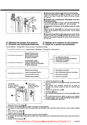 Page 39III Adjusting the presser foot pressure 
III Einstellen des StoffdruckerfuBdrucks 
Ill Adjusting the trailing length after thread trimming Adjust  the adjustment  nut 0 by turning it so that  the length of the upper  thread  after thread  trimming  is about 30-45 mm. 
Ill Einstellen der verbleibenden  FadenUinge nach dem 
Fadenabschneiden 
Die Einstellmutter 0 so drehen, daB die OberfadenUinge nach dem  Abschneiden  ungefahr 30 -45 mm  betragt. 
Ill Reglage de Ia longueur de fil residuel  apres Ia coupe...