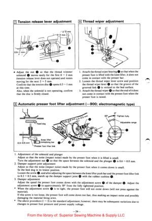 Page 26(I] Tension release lever adjustment 
* Adjust the nut f) so that the thread trimmer 
solenoid 
0 moves  easily for the  first 0 -2  mm 
(tension  release lever does 
not operate) and resists 
moving  for the  next  2 
-5 mm. 
Confirm 
that the  tension  disc 8 opens 0.5-I mm 
at this  time. 
Also,  when the solenoid 
is not operating,  confirm 
that the disc is firmly  closed. 
[!]Thread wiper adjustment 
I. Attach the thread  wiper bearing 0 so that when the 
presser  foot 
is lifted with the knee...