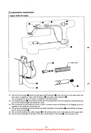 Page 6[!] Lubrication mechanism 
1. Upper shaft oil supply 
Upper shaft 
(I) The oil from  the pump 8 passes through upper shaft bushing M 8, enters  the center of the  upper  shaft, and 
from there is supplied to upper shaft  bushing L 8 and upper shaft bushing R 8. 
The oil dispersed in the arm column is supplied to the  feed  adjuster. 
(2)  An oil adjusting  valve 
8 is provided at the left  end of the upper shaft, and oil is supplied to the thread take-up 
arm via  the  counterweight and needle bar crank....