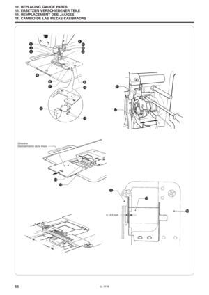 Page 72SL-777B55
q
!5
w!6
!0
!1 !2
!2 !1
!4
!3
!2
!0 i t
e
y
r
i
uo
0 - 0,5 mm Glissière
Deslizamiento de la mesa
11. REPLACING GAUGE PARTS
11. ERSETZEN VERSCHIEDENER TEILE
11. REMPLACEMENT DES JAUGES
11. CAMBIO DE LAS PIEZAS CALIBRADAS 