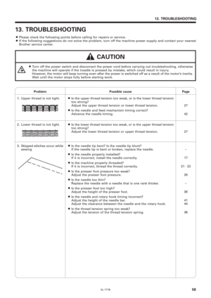 Page 75SL-777B58
13. TROUBLESHOOTING
13. TROUBLESHOOTING
¡Please check the following points before calling for repairs or service.¡If the following suggestions do not solve the problem, turn off the machine power supply and contact your nearest
Brother service center.
 CAUTION
¡Turn off the power switch and disconnect the power cord before carrying out troubleshooting, otherwise
the machine will operate if the treadle is pressed by mistake, which could result in injury.
However, the motor will keep turning even...
