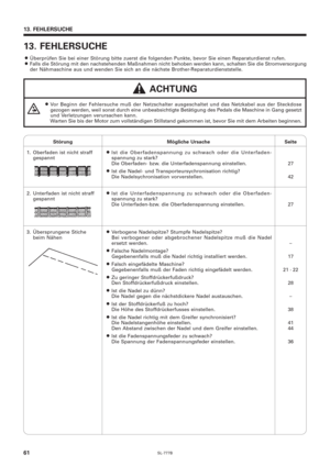 Page 78SL-777B61
13. FEHLERSUCHE
13. FEHLERSUCHE
¡Überprüfen Sie bei einer Störung bitte zuerst die folgenden Punkte, bevor Sie einen Reparaturdienst rufen.¡Falls die Störung mit den nachstehenden Maßnahmen nicht behoben werden kann, schalten Sie die Stromversorgung
der Nähmaschine aus und wenden Sie sich an die nächste Brother-Reparaturdienststelle.
 ACHTUNG
¡Vor Beginn der Fehlersuche muß der Netzschalter ausgeschaltet und das Netzkabel aus der Steckdose
gezogen werden, weil sonst durch eine unbeabsichtigte...